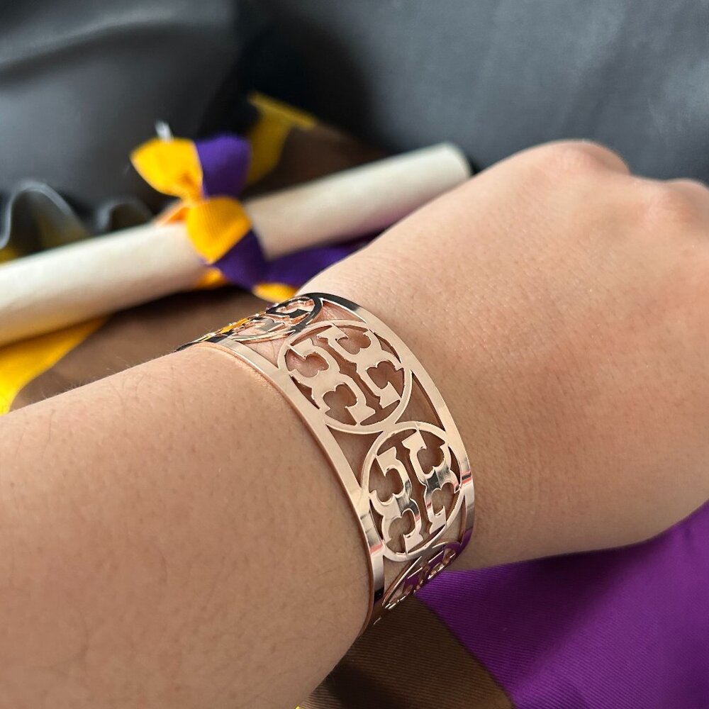 Tory Burch Rose Gold T Logo Wide Open Cuff Bracelet - Picture 2 of 8